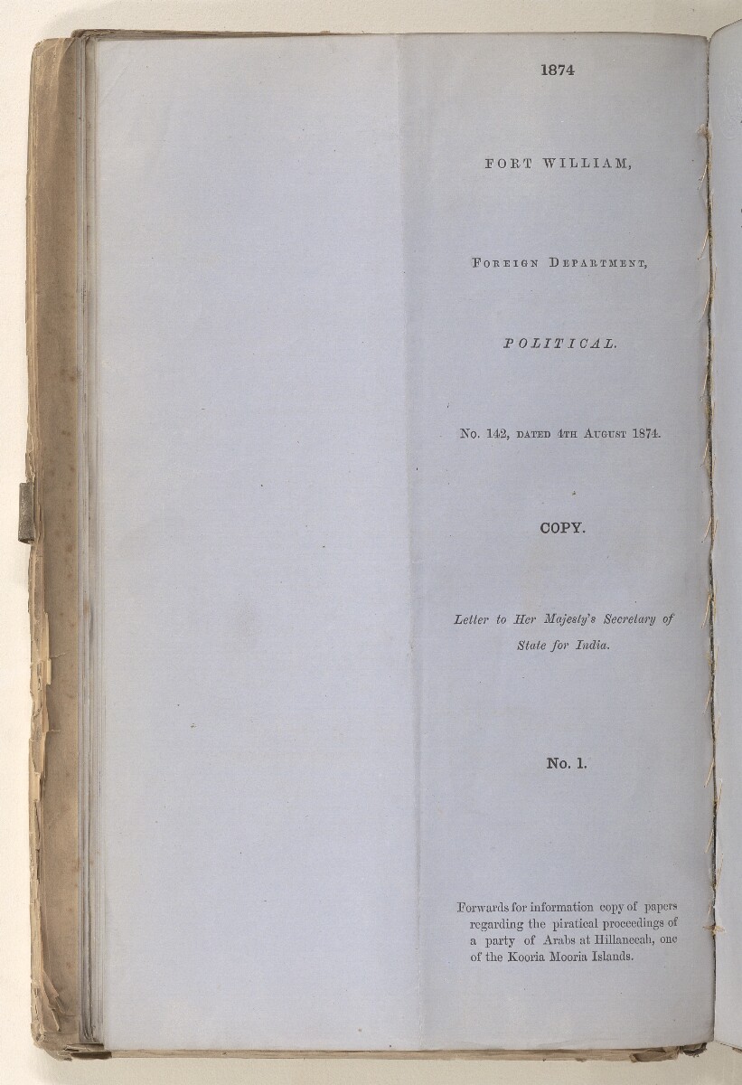 Political No. 142 of 1874, Forwarding a Copy of Papers Regarding the ‘Piratical Proceedings’ of ‘a Party of Arabs’ at Hillaneeah, One of the Kooira Mooria Islands [&lrm;58av] (4/44)